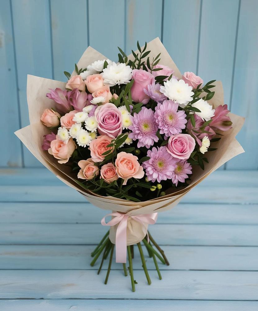 Букет цветов из: Хризантемы, Розы и Альстромерии в Зеленодольске