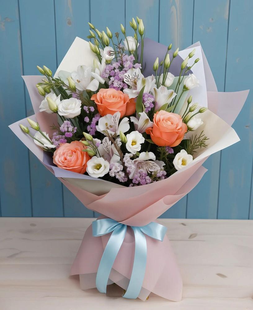 Букет цветов из: Лизиантусы, Розы, Альстромерии и Гипсофила в Зеленодольске