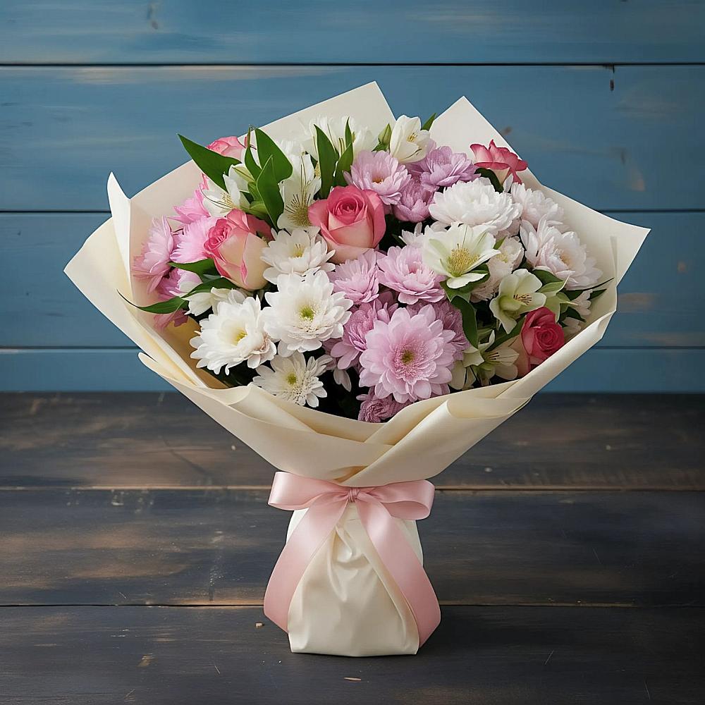 Букет цветов из: Хризантемы, Альстромерии и Розы в Зеленодольске